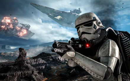 A HD wallpaper featuring a stormtrooper from the video game Star Wars Battlefront (2015), set against a dramatic backdrop with battleships and explosions in the sky.