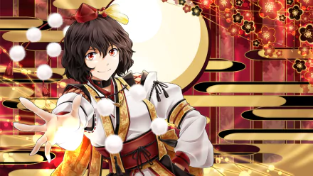 Aya Shameimaru (Touhou) in ornate shrine-maiden outfit, reaching out amid swirling paper talismans and a golden-red decorative backdrop — HD PC anime desktop wallpaper.