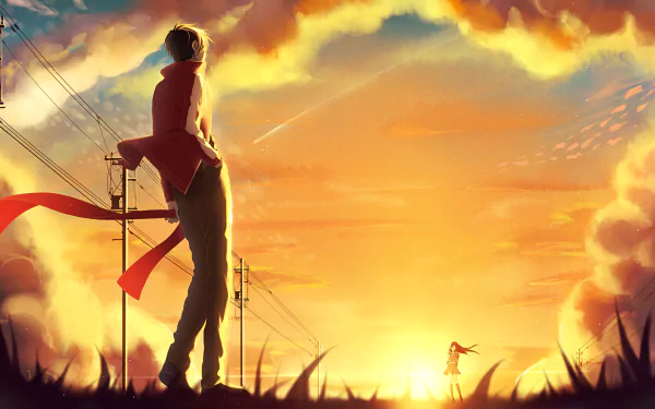 An HD wallpaper featuring Ayano Tateyama and Shintaro Kisaragi from the Kagerou Project, set against a vibrant sunset with clouds and power lines, creating an atmospheric scene.