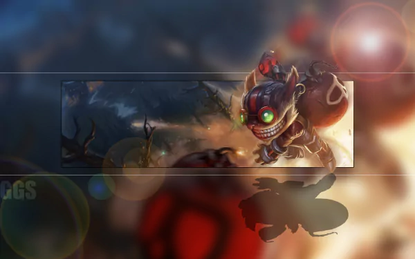 HD PC desktop wallpaper featuring Ziggs, a character from the video game League of Legends, set against a dynamic and colorful background.