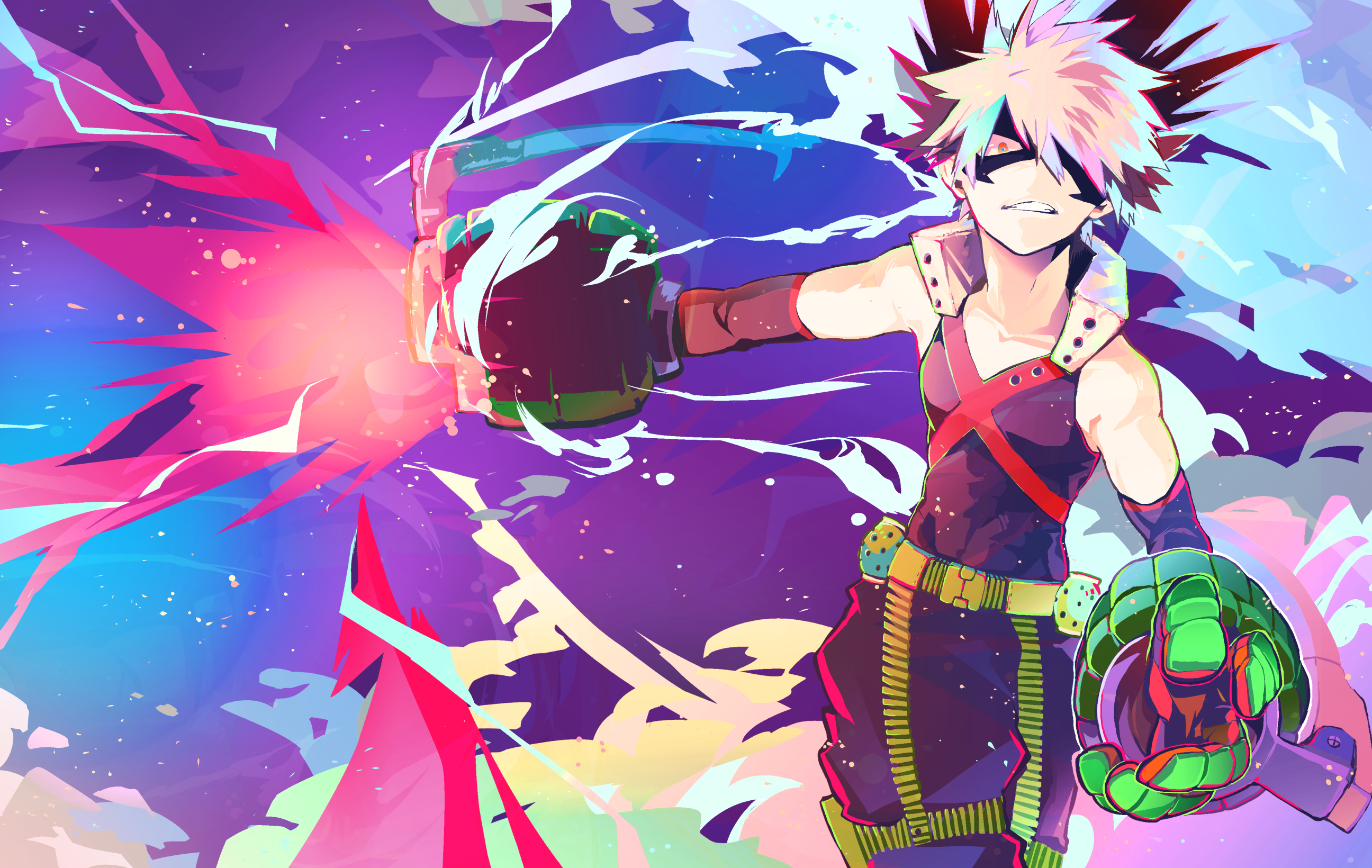 HD wallpaper featuring Katsuki Bakugou from the anime My Hero Academia in a dynamic pose with vibrant, explosive colors in the background.