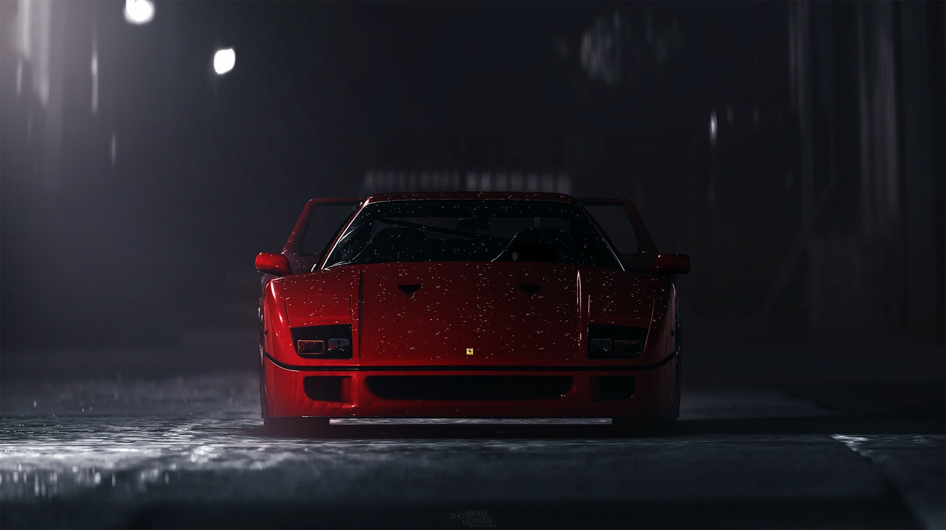 HD PC desktop wallpaper featuring a red sports car from the video game Need For Speed (2015) driving through a dark, rain-soaked urban street at night.