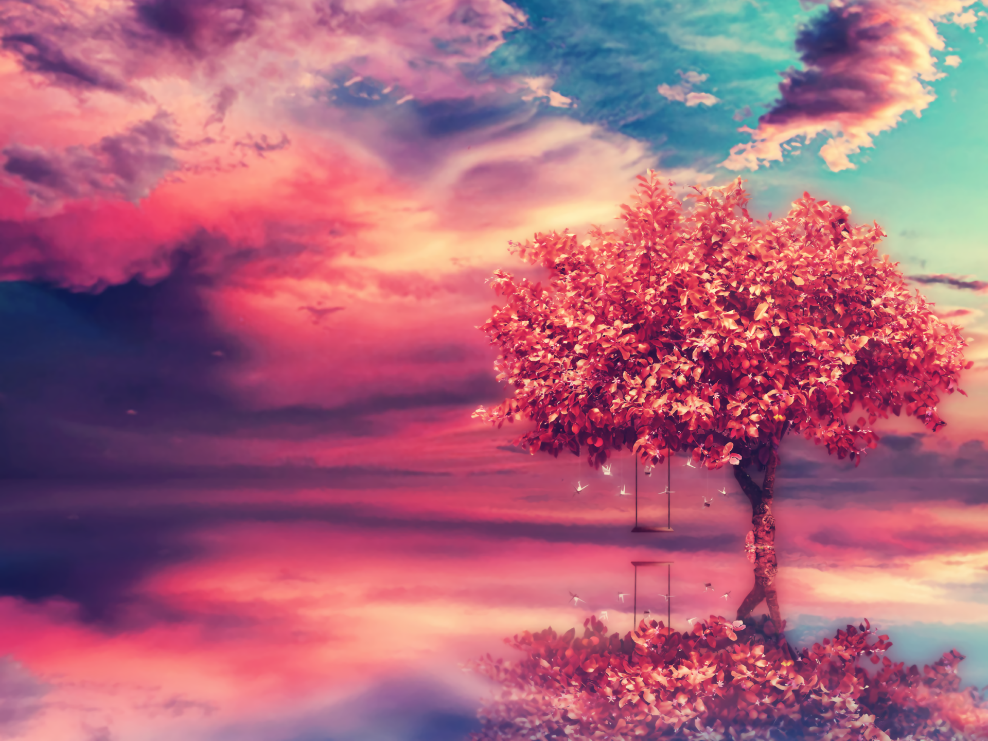 Download Swing Pink Love Artistic Tree HD Wallpaper