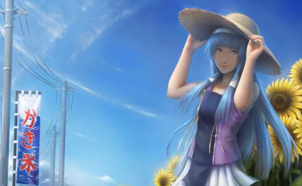long hair blue eyes blue hair sky sunflower hat Nagi (Kannagi) Anime Kannagi: Crazy Shrine Maidens Sky Anime HD Desktop Wallpaper | Background Image