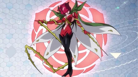 HD PC desktop wallpaper featuring an anime-style Digimon Adventure Tri character with dynamic pose and vibrant red and white costume against a hexagonal futuristic background.