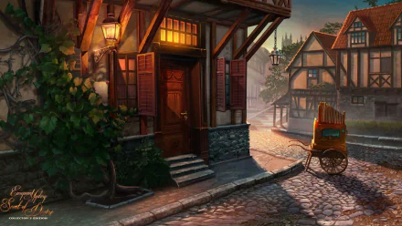 HD PC desktop wallpaper from the video game European Mystery: Scent of Desire — cobblestone street of timbered houses, warm lantern light, open doorway and a wooden handcart at dusk.