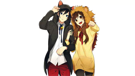 Izumi Miyamura and Hori Kyouko from the anime Hori-san To Miyamura-kun pose playfully in an HD wallpaper, showcasing their fun personalities and unique outfits.