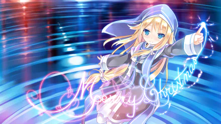 HD anime Christmas desktop wallpaper featuring an original character in glowing attire, surrounded by festive light effects and a Merry Christmas message.