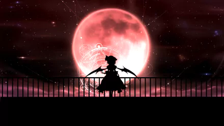 A striking HD wallpaper featuring Remilia Scarlet from Touhou, silhouetted against a vivid blood moon, surrounded by a cosmic backdrop.