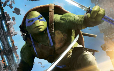 A dynamic HD wallpaper featuring Leonardo from Teenage Mutant Ninja Turtles: Out Of The Shadows, poised with his katanas against a futuristic backdrop.