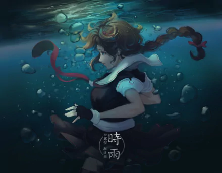 A captivating HD wallpaper featuring Shigure from Kantai Collection, depicted underwater with flowing hair and a dynamic pose, surrounded by bubbles and stones.