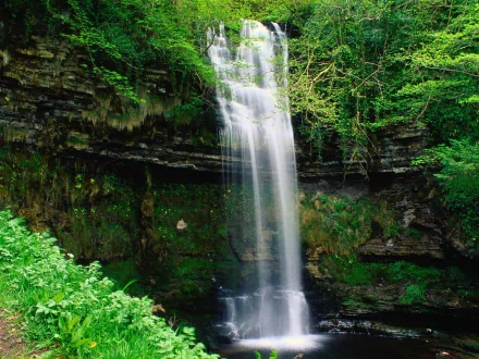 HD desktop wallpaper of a serene waterfall cascading over a moss-covered cliff with lush green vegetation surrounding it. The image captures the natural beauty and tranquility of the scene.
