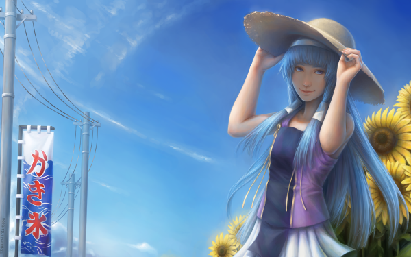 Anime Kannagi: Crazy Shrine Maidens Nagi Hat Sunflower Sky Blue Hair Blue Eyes Long Hair HD Wallpaper | Background Image