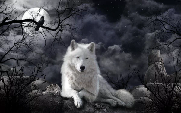 A serene night scene featuring a majestic white wolf resting on rocky terrain, with a raven perched nearby under a moonlit sky filled with dark clouds and skeletal trees.