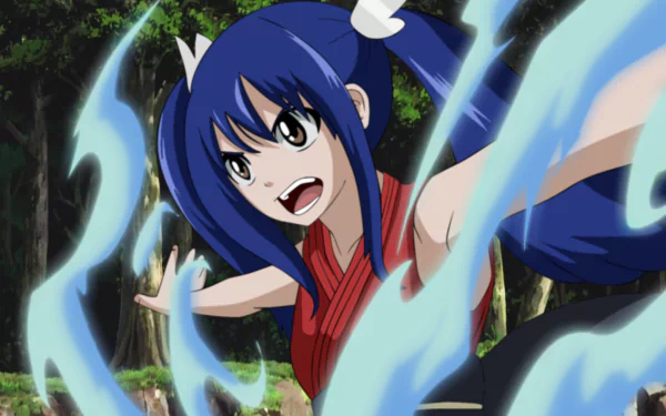 Wendy Marvell from the anime Fairy Tail is depicted in this high-definition wallpaper, showcasing her fierce expression and magic with swirling blue energy in a vibrant forest setting.
