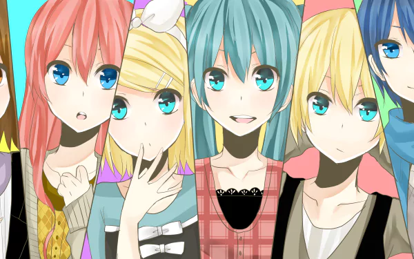 A vibrant HD wallpaper featuring popular Vocaloid characters: Kaito, Len Kagamine, Hatsune Miku, Rin Kagamine, Luka Megurine, and Meiko, showcasing their distinct styles and colors.