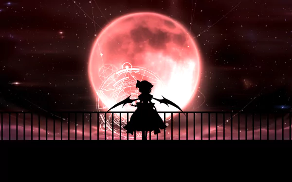 A striking HD wallpaper featuring Remilia Scarlet from Touhou, silhouetted against a vivid blood moon, surrounded by a cosmic backdrop.