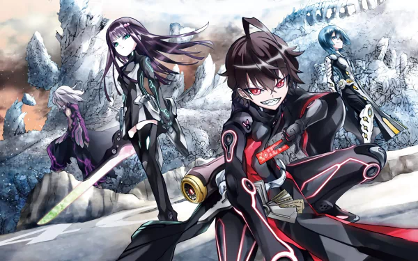 A dynamic HD wallpaper featuring characters from the anime Twin Star Exorcists, poised for battle against a snowy and rocky background. Characters are armed with swords, exuding intensity and readiness.