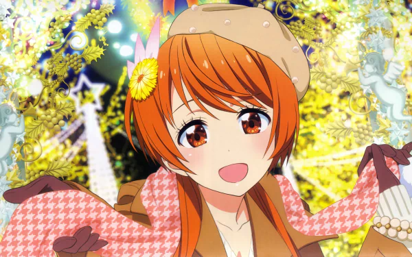 HD anime desktop wallpaper featuring Marika Tachibana from Nisekoi, smiling brightly with autumn-themed accessories and a glowing festive background.