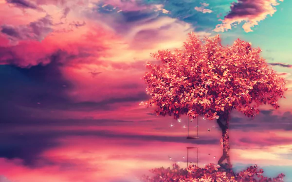 A vibrant pink tree stands next to a swing against a dreamy sky, reflecting love and artistry in this HD desktop wallpaper. The serene colors create a peaceful atmosphere.