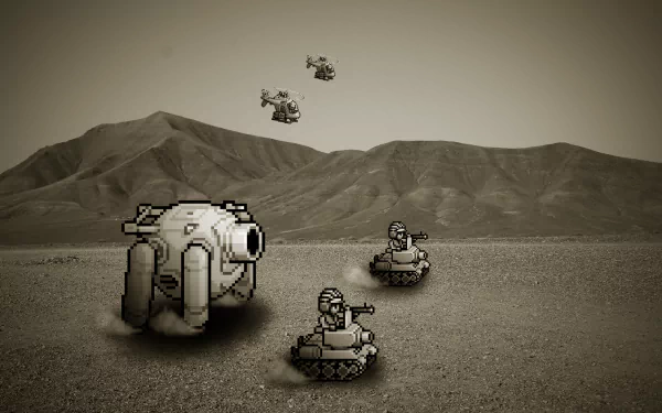 HD desktop wallpaper from Advance Wars featuring sepia-toned military units with tanks and helicopters on a rugged landscape.