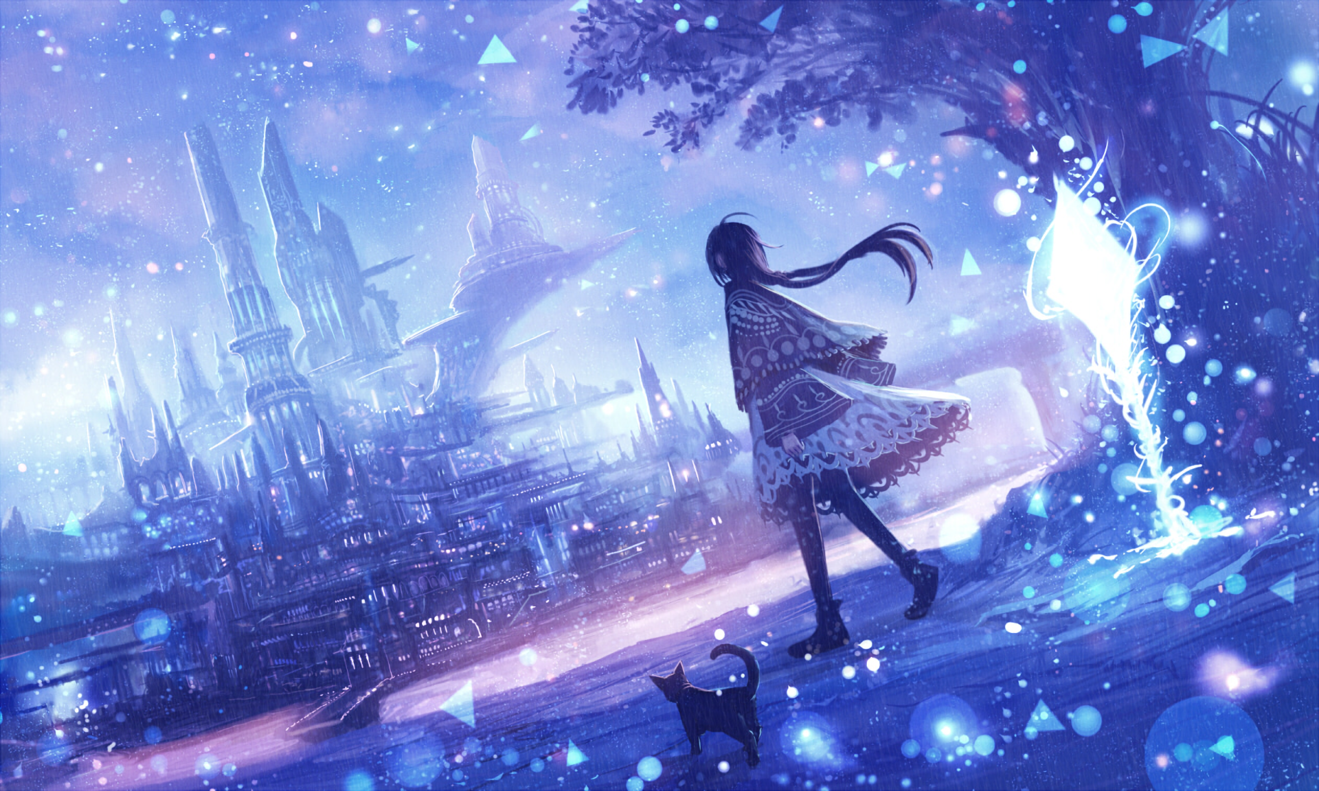 Anime artwork of a girl and a cat in a mystical, illuminated landscape with a grand city in the background. HD desktop wallpaper and background.
