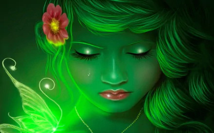A serene green fairy with flowing hair and a floral accent, shedding a tear, surrounded by soft light and delicate wings. An enchanting fantasy-themed HD wallpaper.