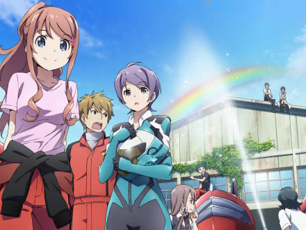 HD desktop wallpaper of Classroom Crisis: Subaru Yamaki, Kaoruko Takanashi, Iris Shirasaki, Mizuki & Kaito Sera, Makoto Ryouke, Yuna Nounen and others in a sunny school courtyard with a rainbow.
