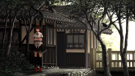 Aya Shameimaru (Touhou) anime HD PC wallpaper showing her standing by a traditional wooden house under trees, bathed in soft evening light.