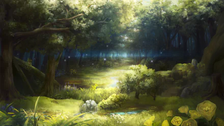 HD anime forest scene with sunlight filtering through dense trees, illuminating a lush, vibrant woodland clearing. A serene and detailed nature background for PC desktops.