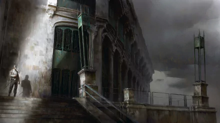 Dishonored 2 video game 2K Quad HD PC desktop wallpaper and background: moody, stormy cityscape with a shadowy guard on stone steps before an ornate, weathered palace.