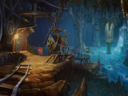 HD PC desktop wallpaper for the video game Witch's Pranks: Frog's Fortune, a moonlit witch's cavern with mine tracks, pulleys, glowing water and candles.