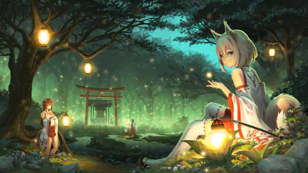HD desktop wallpaper featuring an original anime scene with a nekomimi character in a serenely lit forest, surrounded by lanterns and a torii gate in the background.
