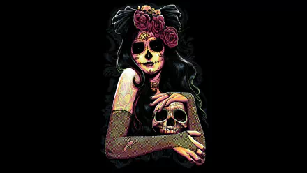 A vibrant, gothic artistic depiction features a woman with sugar skull makeup adorned with roses, embracing a skull, capturing the essence of Day of the Dead.