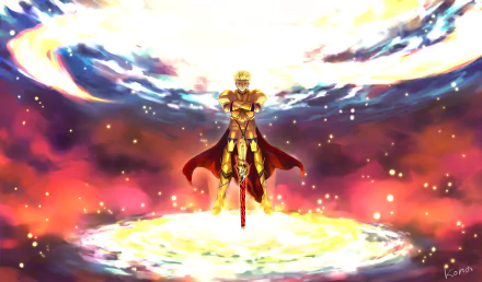 HD wallpaper of Gilgamesh from the Fate Series and Fate/Grand Order, featuring the character in golden armor surrounded by a vibrant and mystical background.
