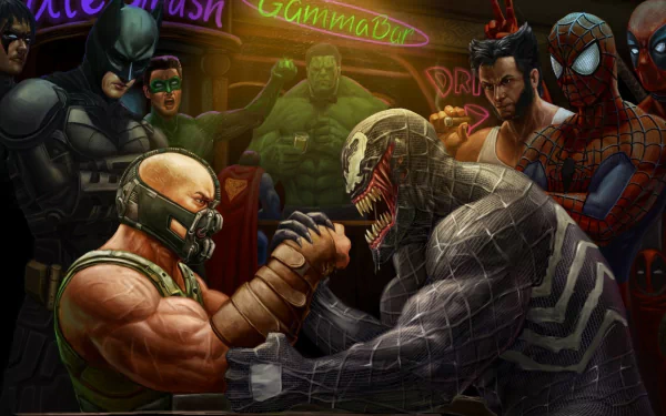 A vibrant HD collage featuring iconic comic characters, including Bane, Wolverine, Green Lantern, Batman, and Spider-Man, gathered around an arm-wrestling match, set in a lively bar atmosphere.