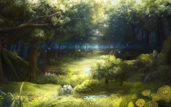 HD anime forest scene with sunlight filtering through dense trees, illuminating a lush, vibrant woodland clearing. A serene and detailed nature background for PC desktops.