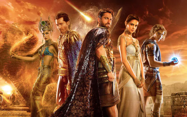 A striking HD wallpaper from the movie Gods Of Egypt, featuring key characters in dramatic poses against a vibrant, fiery background.