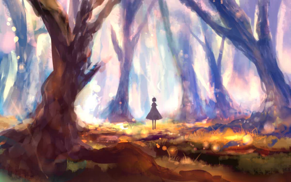 A serene anime forest scene with vibrant colors, featuring a lone figure standing amidst tall, ethereal trees, creating a captivating HD PC desktop wallpaper.