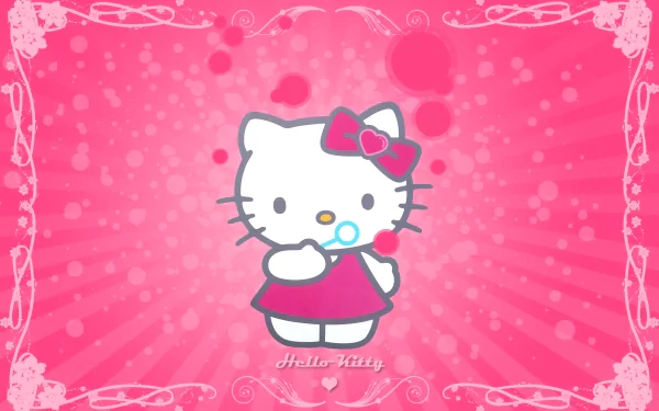 HD desktop wallpaper featuring Hello Kitty in a pink dress with a bow, set against a vibrant pink background with decorative borders and burst effects.
