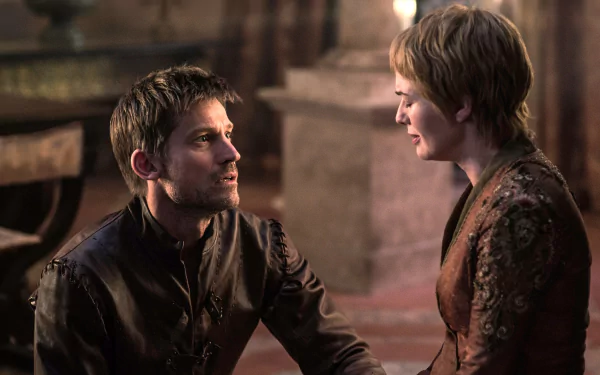 HD desktop wallpaper featuring Nikolaj Coster-Waldau as Jaime Lannister and Lena Headey as Cersei Lannister from the TV show Game of Thrones in a tense moment.