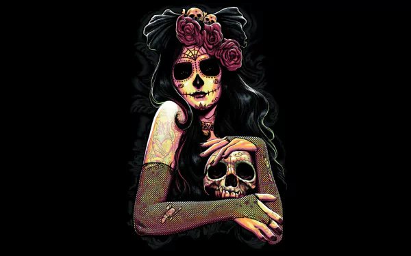 A vibrant, gothic artistic depiction features a woman with sugar skull makeup adorned with roses, embracing a skull, capturing the essence of Day of the Dead.