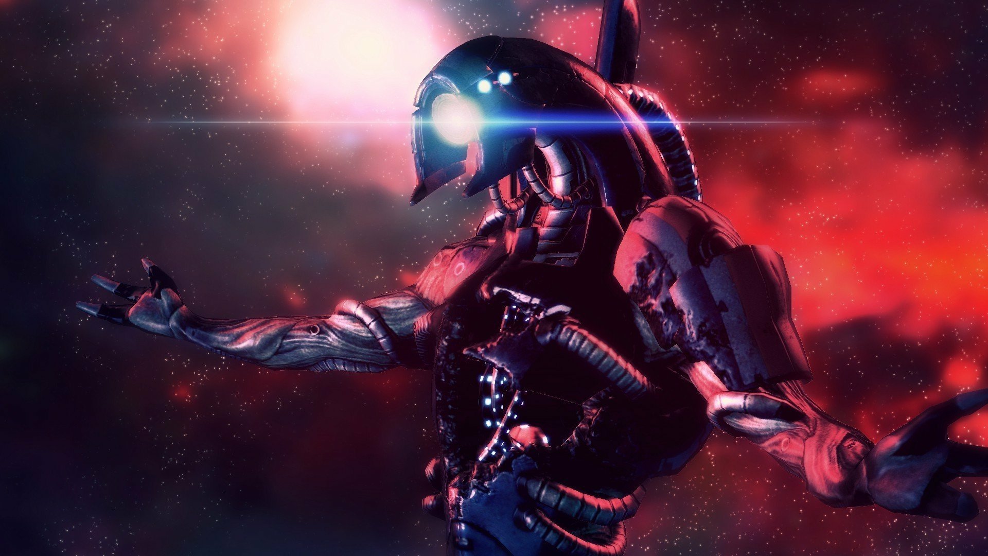 HD desktop wallpaper featuring Legion, the robot character from the Mass Effect video game series, set against a dramatic red and dark cosmic background.