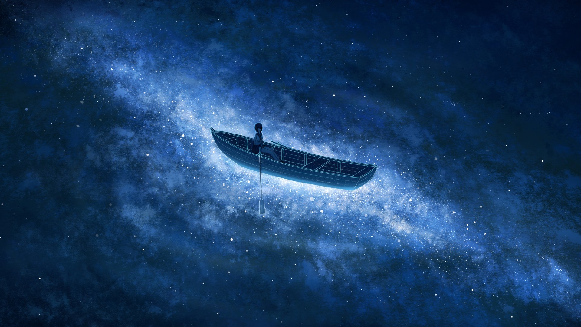 A serene night scene featuring a lone figure in a boat, gliding across a tranquil lake under a starry sky, all beautifully depicted in an anime art style. HD wallpaper backdrop.