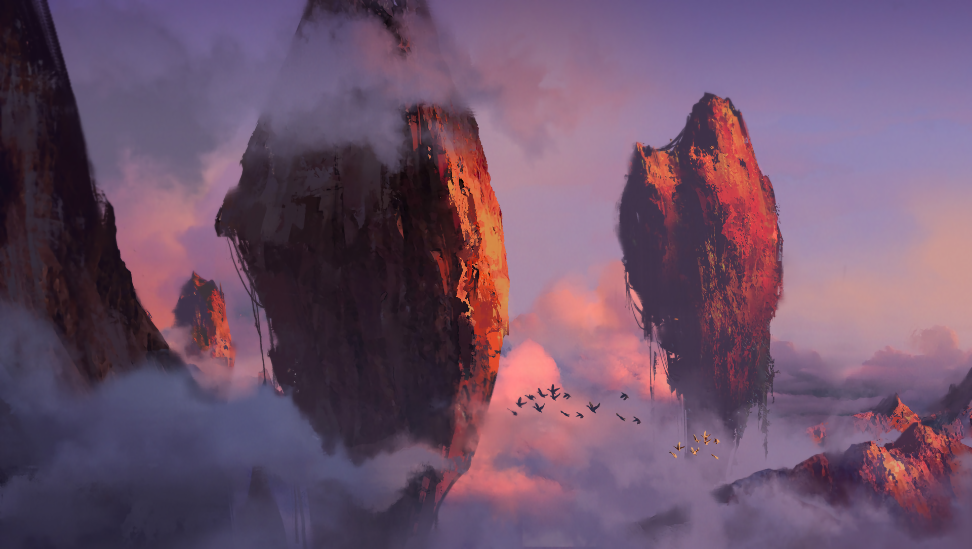 Fantasy landscape HD PC desktop wallpaper and background: floating rocky spires bathed in sunset light above misty clouds, a small flock of birds accenting the surreal scenery.