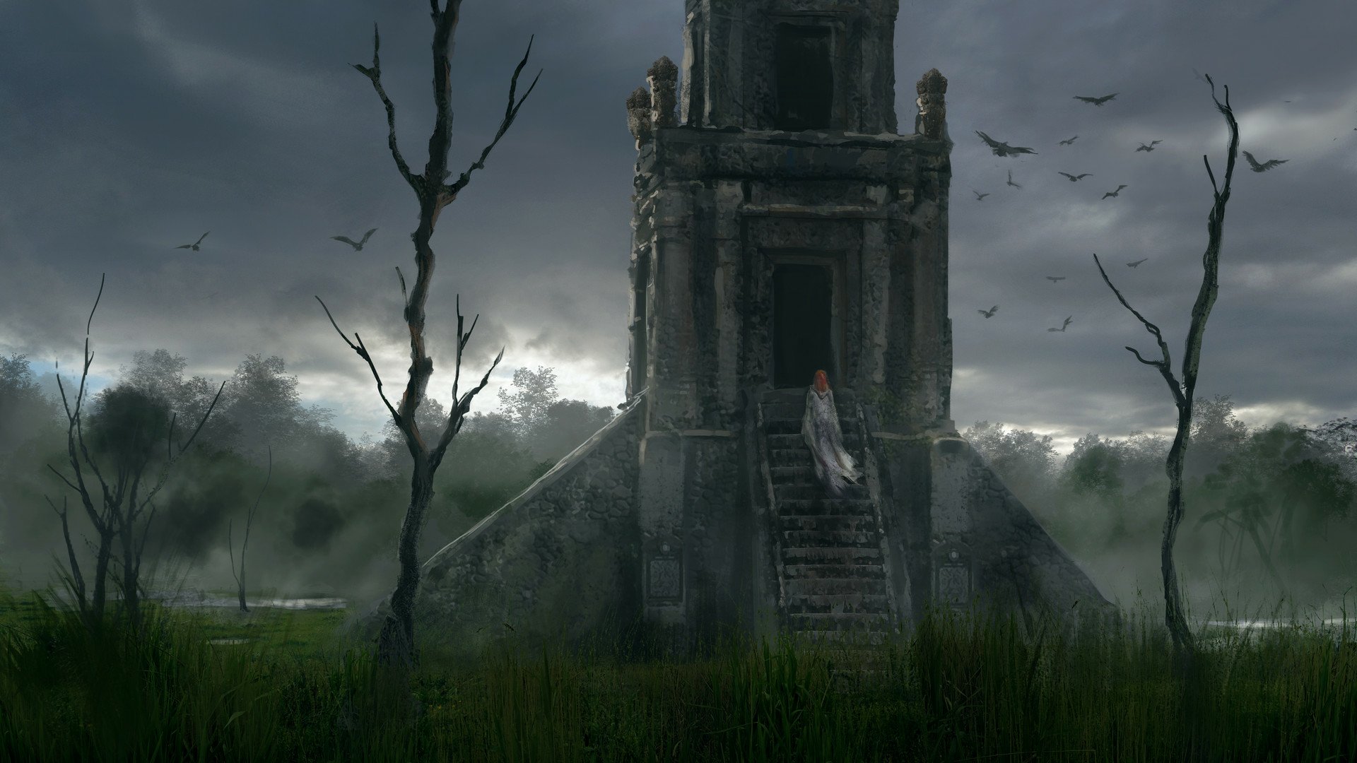 HD fantasy desktop wallpaper depicting an ancient, eerie ruined tower surrounded by mist and barren trees under a dark, stormy sky.