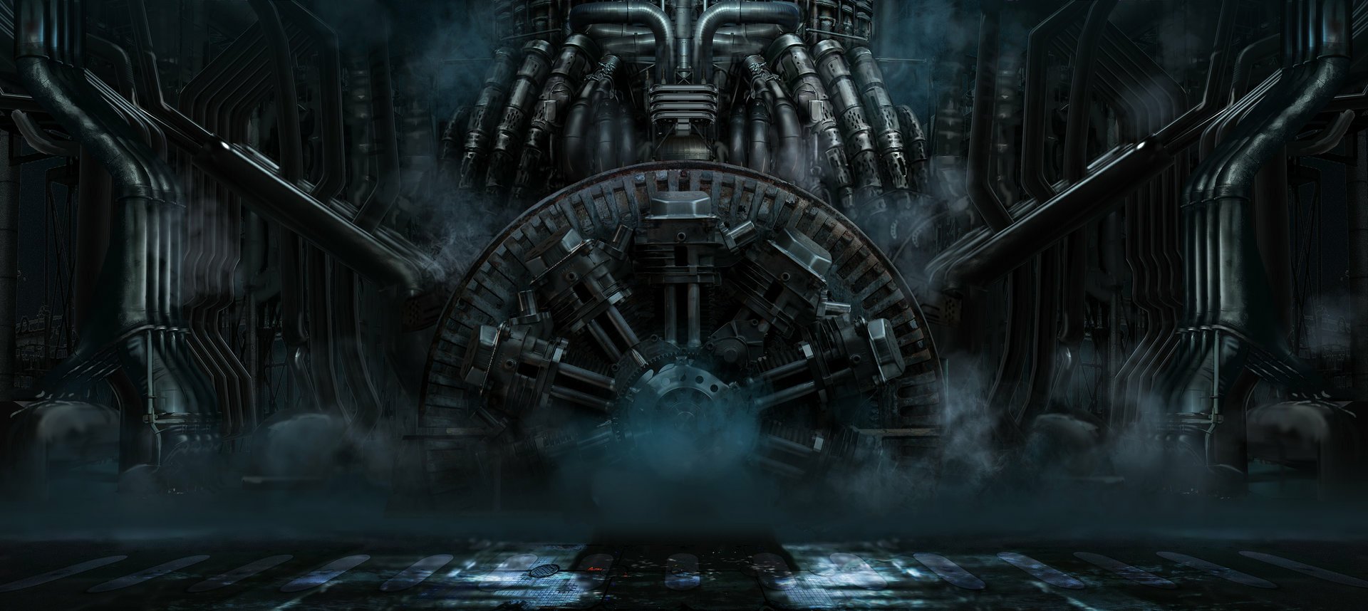 A captivating sci-fi steampunk scene features intricate machinery and pipes, enveloped in a mysterious fog, creating an atmospheric backdrop for a HD PC desktop wallpaper.