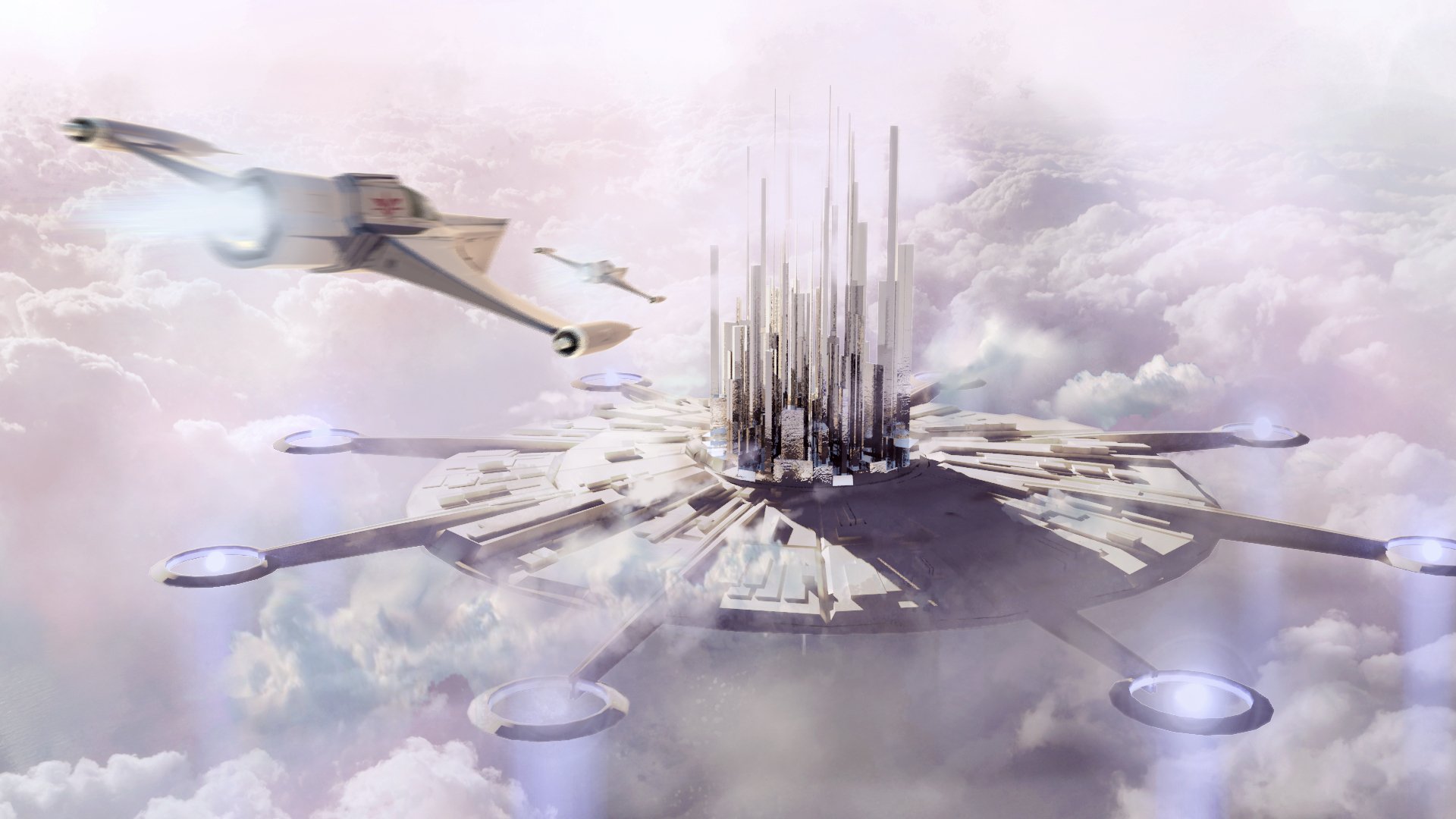 HD PC desktop wallpaper depicting a sci-fi space station floating above clouds with futuristic starships flying nearby, set in a vast outer space environment.