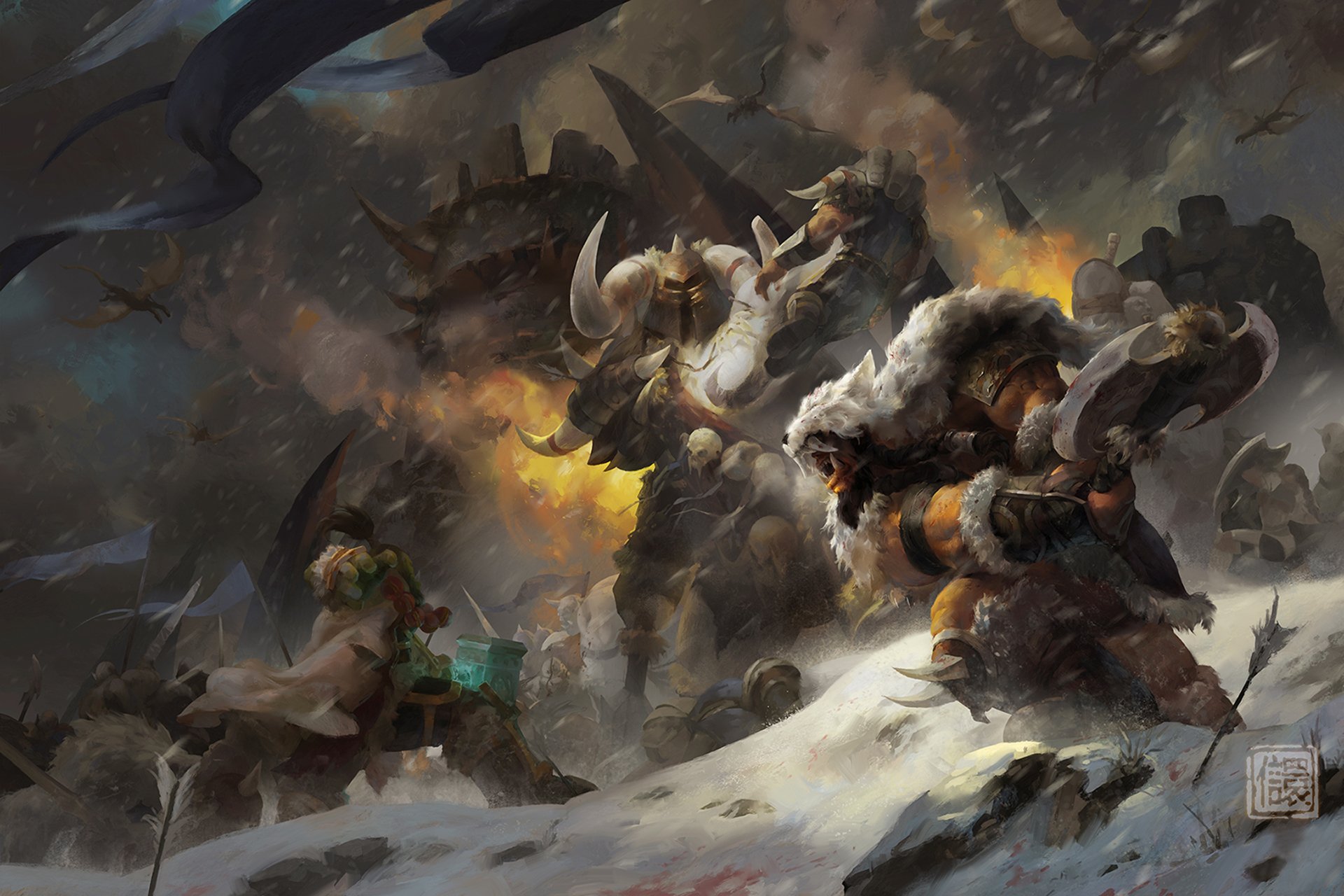 A dramatic HD wallpaper from World of Warcraft, featuring fierce warriors in a snow-covered landscape, battling against a backdrop of chaos and fiery destruction.