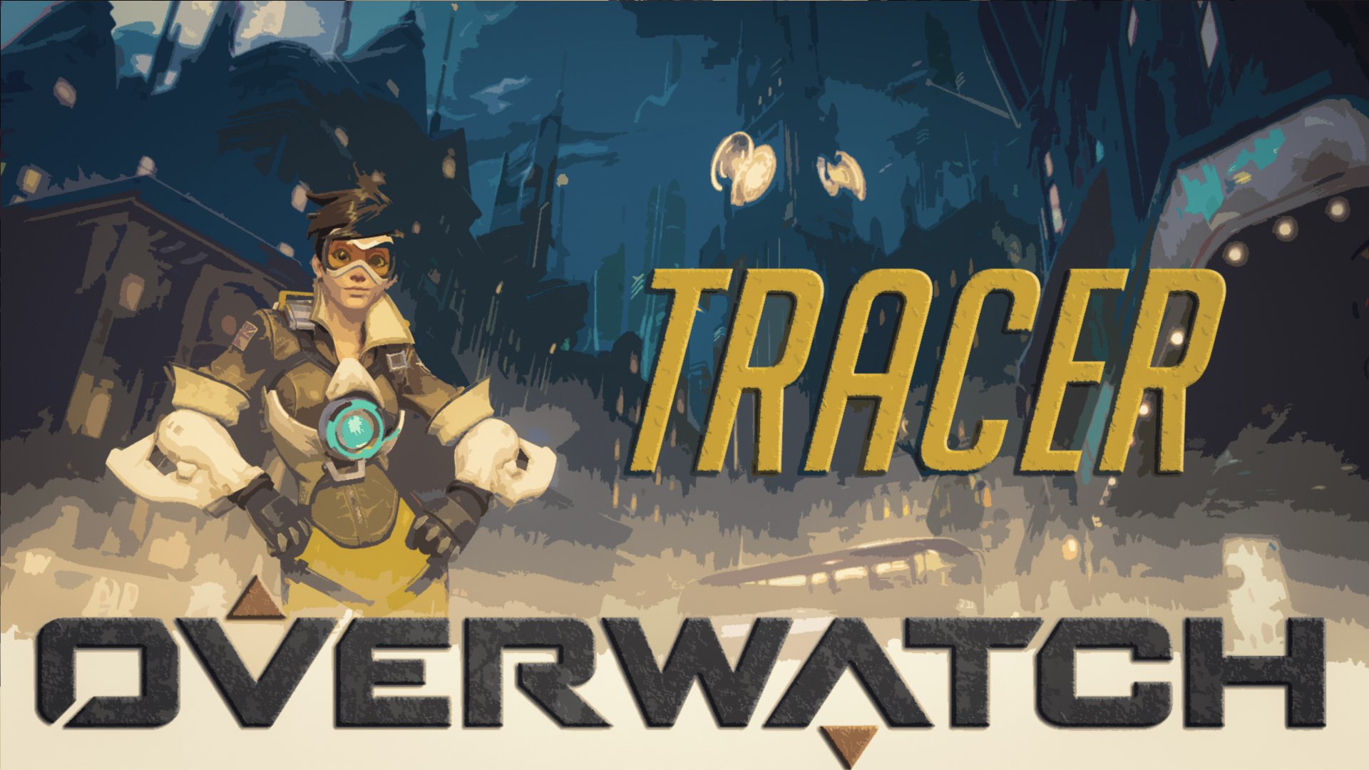 HD PC desktop wallpaper featuring Tracer from the video game Overwatch, set against a stylized urban backdrop with dynamic lighting and bold text.